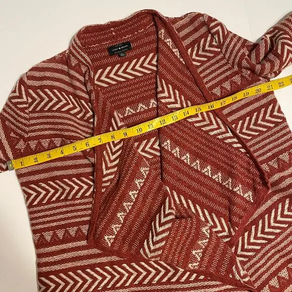 Lucky Brand Aztec Open Cardigan Womens Medium Rust Draped Sweater Topper Casual - Picture 7 of 8